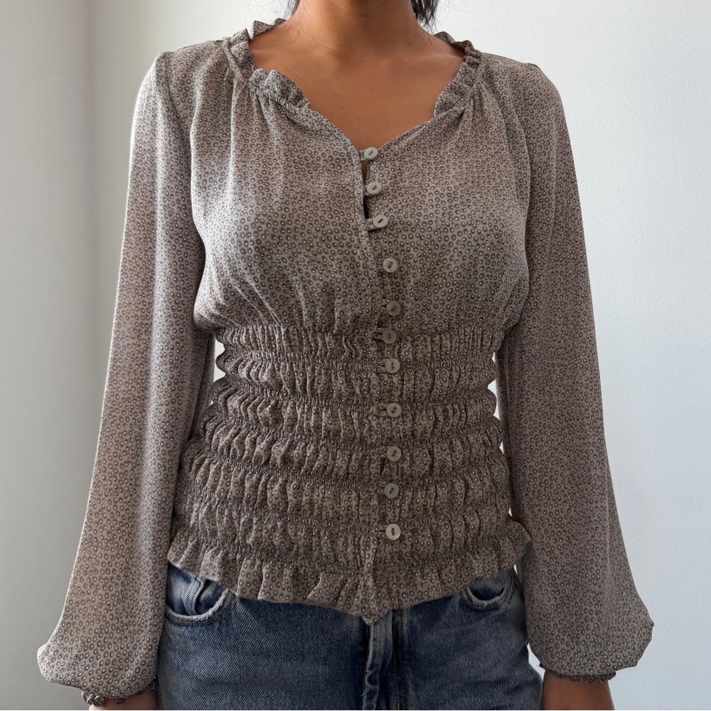 Trucco Grey Patterned Long Sleeve Smocked Blouse - X-Small